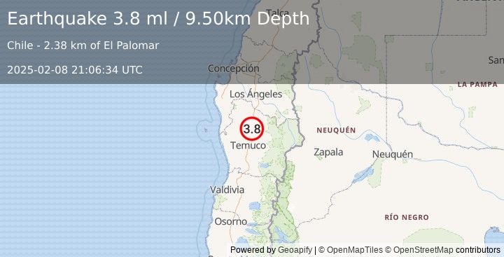 Earthquake ARAUCANIA, CHILE (3.8 ml) (2025-02-08 21:06:34 UTC)