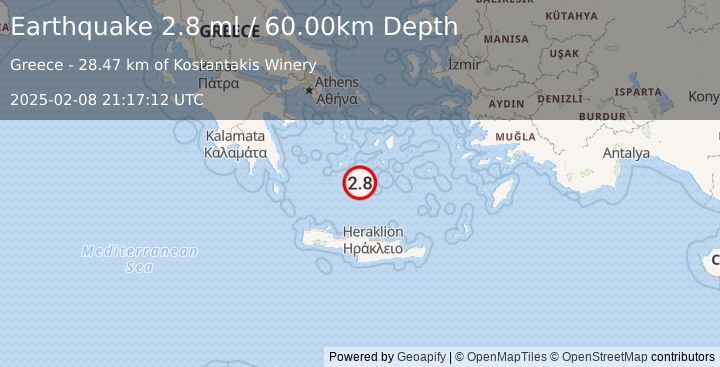 Earthquake SOUTHERN GREECE (2.8 ml) (2025-02-08 21:17:12 UTC)