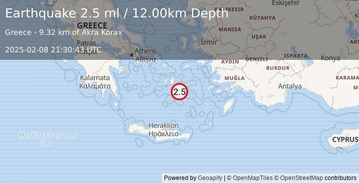 Earthquake DODECANESE ISLANDS, GREECE (2.5 ml) (2025-02-08 21:30:43 UTC)