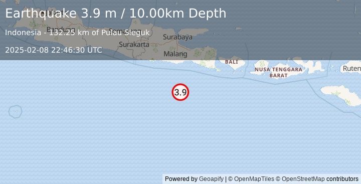 Earthquake SOUTH OF JAVA, INDONESIA (3.9 m) (2025-02-08 22:46:30 UTC)