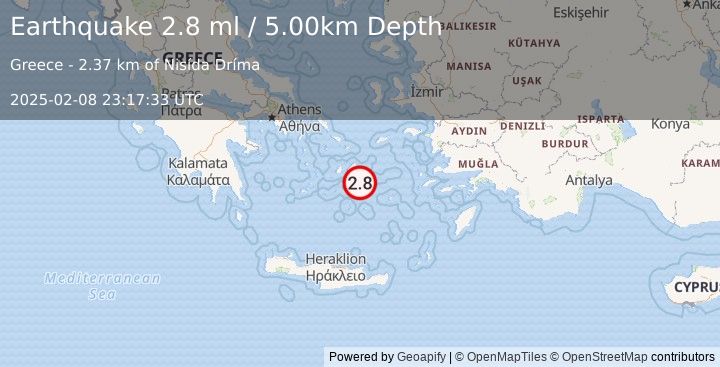 Earthquake DODECANESE ISLANDS, GREECE (2.8 ml) (2025-02-08 23:17:33 UTC)