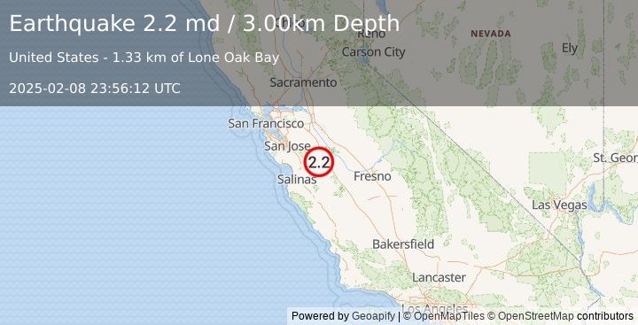 Earthquake CENTRAL CALIFORNIA (2.2 md) (2025-02-08 23:56:12 UTC)