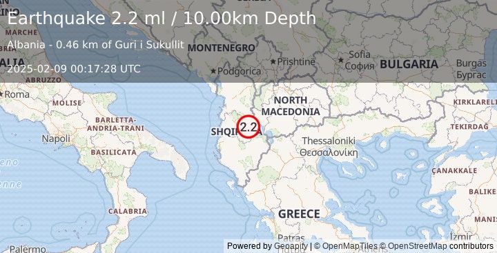 Earthquake ALBANIA (2.2 ml) (2025-02-09 00:17:28 UTC)