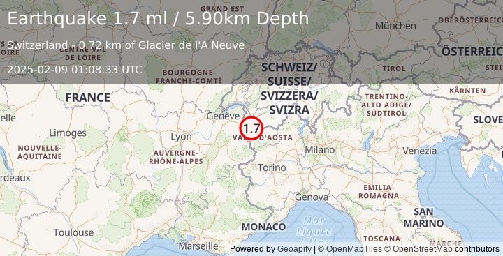 Earthquake NORTHERN ITALY (1.7 ml) (2025-02-09 01:08:33 UTC)