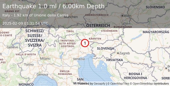 Earthquake NORTHERN ITALY (1.0 ml) (2025-02-09 01:31:58 UTC)