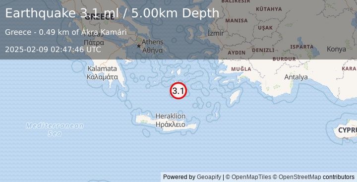 Earthquake DODECANESE ISLANDS, GREECE (3.1 ml) (2025-02-09 02:47:46 UTC)