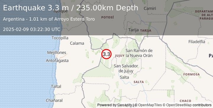 Earthquake JUJUY, ARGENTINA (3.3 m) (2025-02-09 03:22:30 UTC)