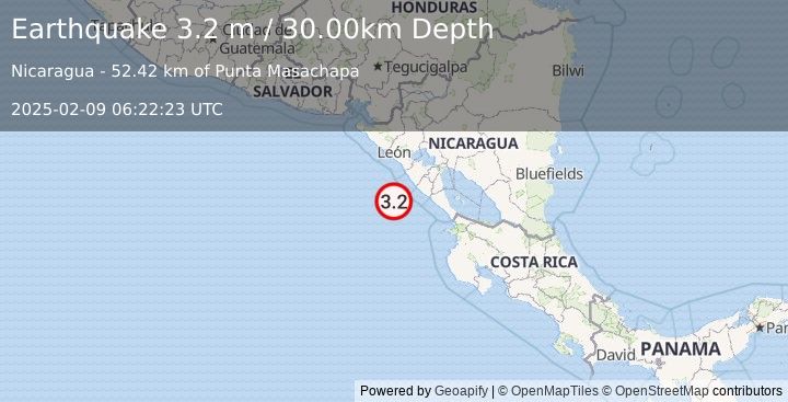 Earthquake NEAR COAST OF NICARAGUA (3.2 m) (2025-02-09 06:22:23 UTC)