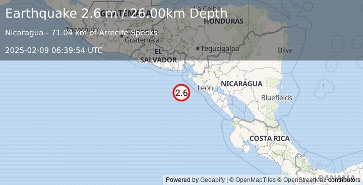 Earthquake NEAR COAST OF NICARAGUA (2.6 m) (2025-02-09 06:39:54 UTC)