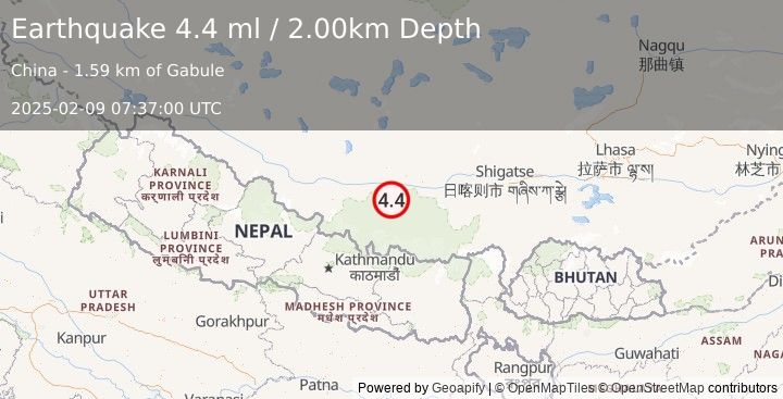 Earthquake WESTERN XIZANG (4.2 ml) (2025-02-09 07:37:04 UTC)