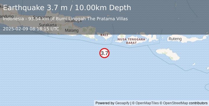 Earthquake SOUTH OF BALI, INDONESIA (3.7 m) (2025-02-09 08:18:15 UTC)