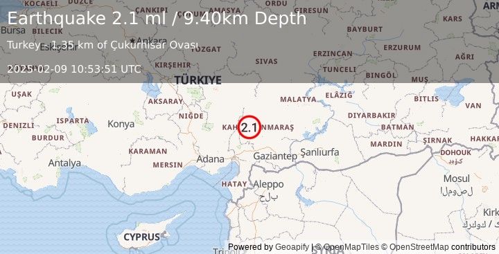 Earthquake CENTRAL TURKEY (2.1 ml) (2025-02-09 10:53:51 UTC)