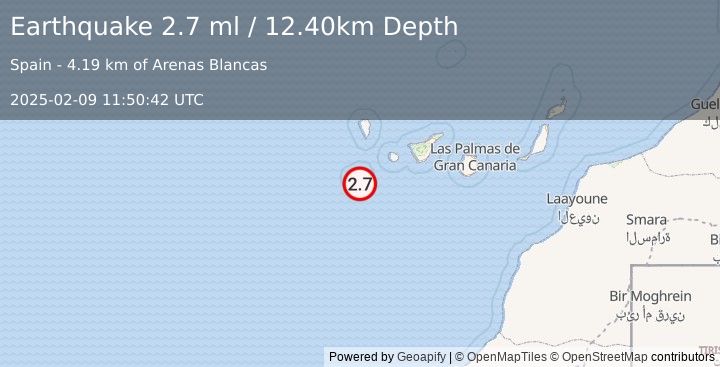 Earthquake CANARY ISLANDS, SPAIN REGION (2.7 ml) (2025-02-09 11:50:42 UTC)