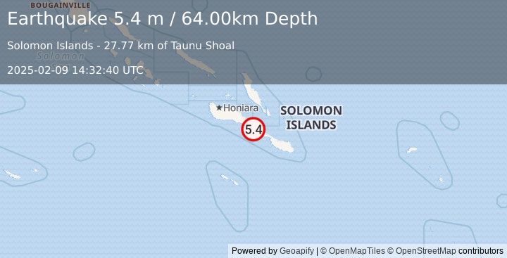 Earthquake SOLOMON ISLANDS (5.3 mw) (2025-02-09 14:32:38 UTC)