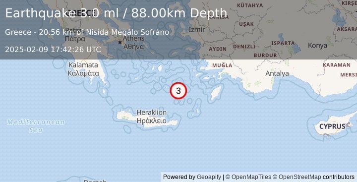 Earthquake DODECANESE ISLANDS, GREECE (3.0 ml) (2025-02-09 17:42:26 UTC)