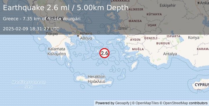 Earthquake DODECANESE ISLANDS, GREECE (2.6 ml) (2025-02-09 18:31:27 UTC)