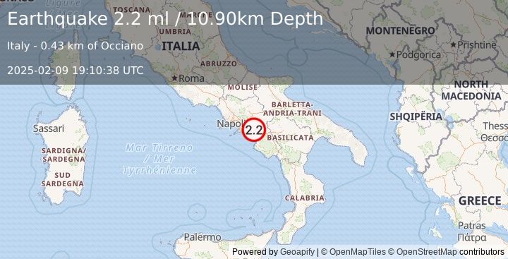 Earthquake SOUTHERN ITALY (2.2 ml) (2025-02-09 19:10:38 UTC)