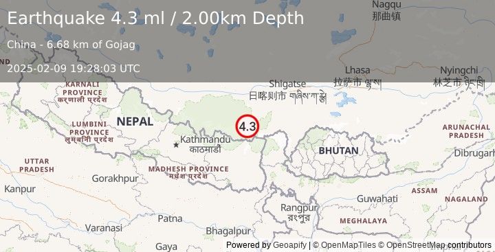 Earthquake WESTERN XIZANG (4.3 ml) (2025-02-09 19:28:03 UTC)