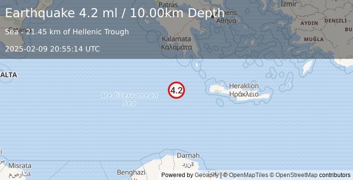 Earthquake CENTRAL MEDITERRANEAN SEA (4.2 ml) (2025-02-09 20:55:19 UTC)