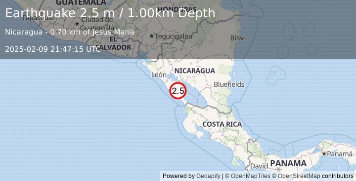 Earthquake NEAR COAST OF NICARAGUA (2.5 m) (2025-02-09 21:47:15 UTC)