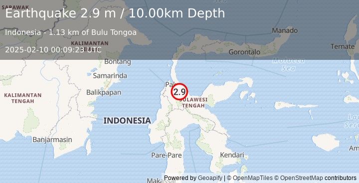 Earthquake SULAWESI, INDONESIA (2.9 m) (2025-02-10 00:09:23 UTC)