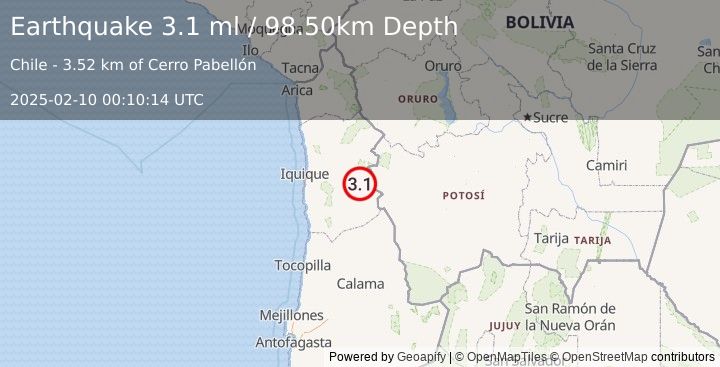 Earthquake TARAPACA, CHILE (3.1 ml) (2025-02-10 00:10:14 UTC)