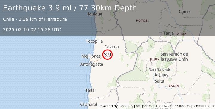 Earthquake ANTOFAGASTA, CHILE (3.9 ml) (2025-02-10 02:15:28 UTC)