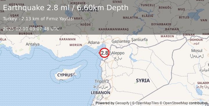 Earthquake TURKEY-SYRIA BORDER REGION (2.8 ml) (2025-02-10 03:07:48 UTC)