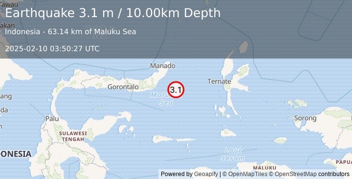 Earthquake MOLUCCA SEA (3.1 m) (2025-02-10 03:50:27 UTC)