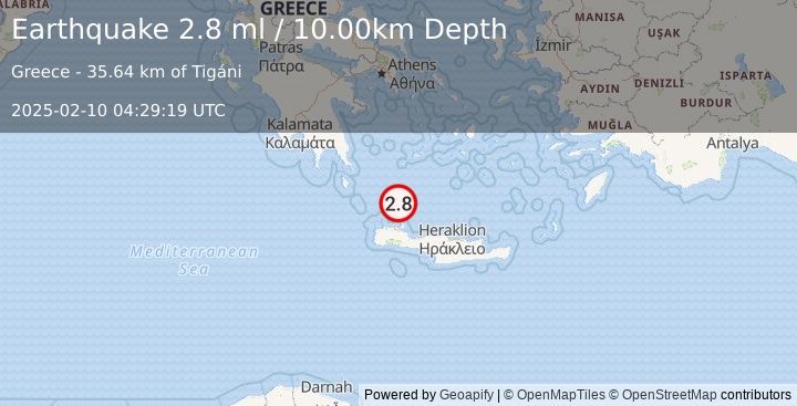 Earthquake CRETE, GREECE (2.8 ml) (2025-02-10 04:29:19 UTC)