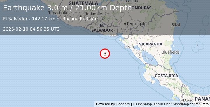 Earthquake OFF COAST OF CENTRAL AMERICA (3.0 m) (2025-02-10 04:56:35 UTC)