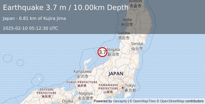 Earthquake NEAR WEST COAST OF HONSHU, JAPAN (3.7 m) (2025-02-10 05:12:30 UTC)