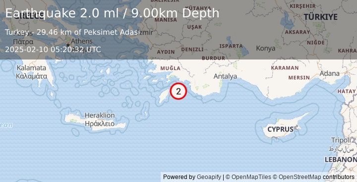 Earthquake DODECANESE IS.-TURKEY BORDER REG (2.0 ml) (2025-02-10 05:20:32 UTC)