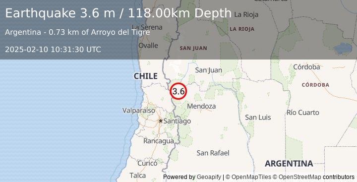 Earthquake MENDOZA, ARGENTINA (3.6 m) (2025-02-10 10:31:30 UTC)