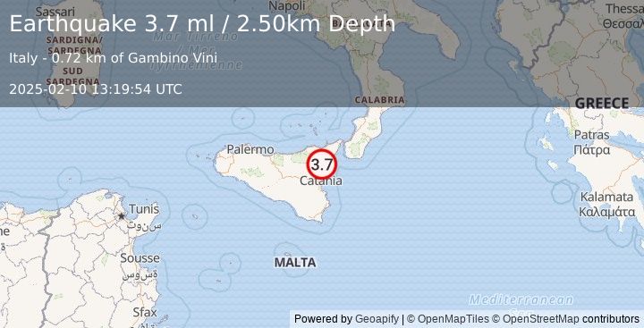 Earthquake SICILY, ITALY (3.7 ml) (2025-02-10 13:19:54 UTC)