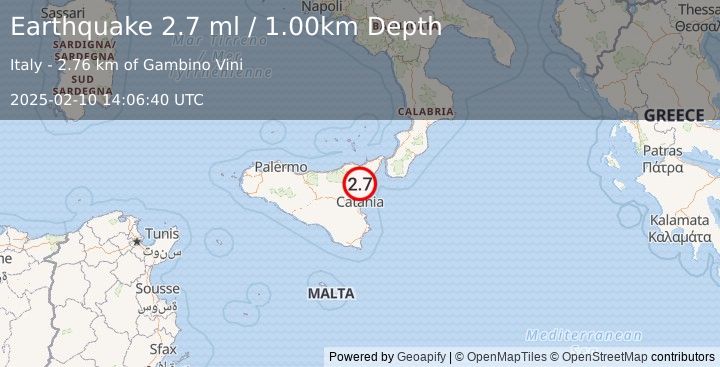 Earthquake SICILY, ITALY (2.7 ml) (2025-02-10 14:06:40 UTC)