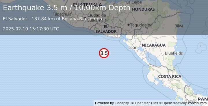 Earthquake OFF THE COAST OF EL SALVADOR (3.5 m) (2025-02-10 15:17:30 UTC)