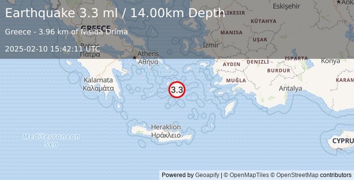 Earthquake DODECANESE ISLANDS, GREECE (3.3 ml) (2025-02-10 15:42:11 UTC)