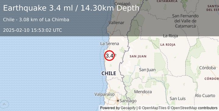 Earthquake COQUIMBO, CHILE (3.4 ml) (2025-02-10 15:53:02 UTC)