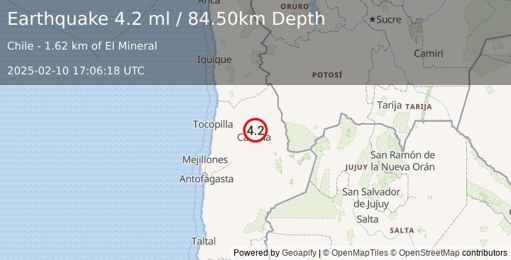 Earthquake ANTOFAGASTA, CHILE (4.2 ml) (2025-02-10 17:06:18 UTC)