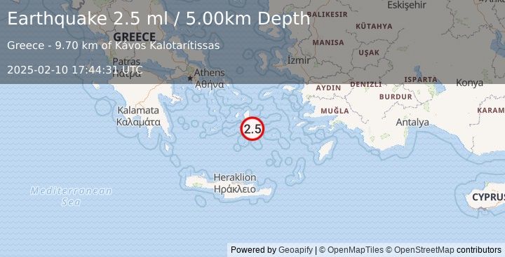 Earthquake DODECANESE ISLANDS, GREECE (2.5 ml) (2025-02-10 17:44:31 UTC)