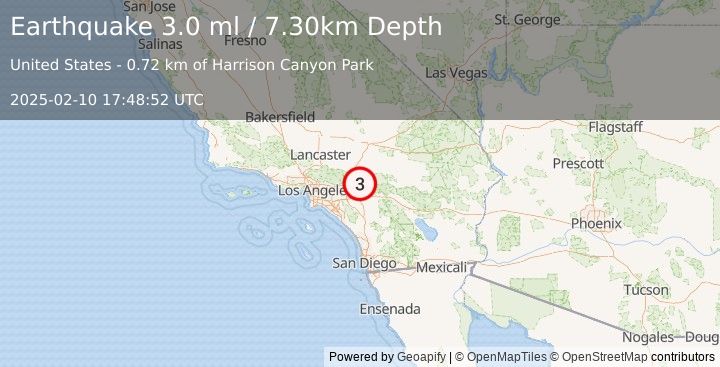 Earthquake GREATER LOS ANGELES AREA, CALIF. (3.0 ml) (2025-02-10 17:48:51 UTC)