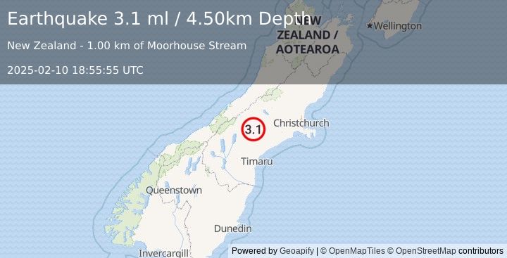 Earthquake SOUTH ISLAND OF NEW ZEALAND (3.1 ml) (2025-02-10 18:55:55 UTC)