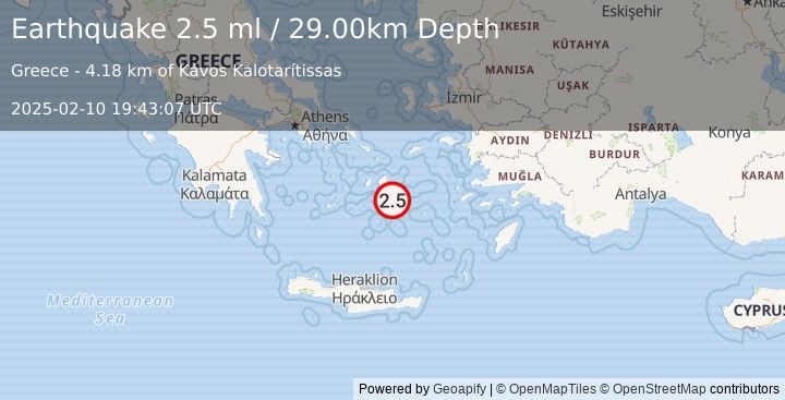 Earthquake DODECANESE ISLANDS, GREECE (2.5 ml) (2025-02-10 19:43:07 UTC)