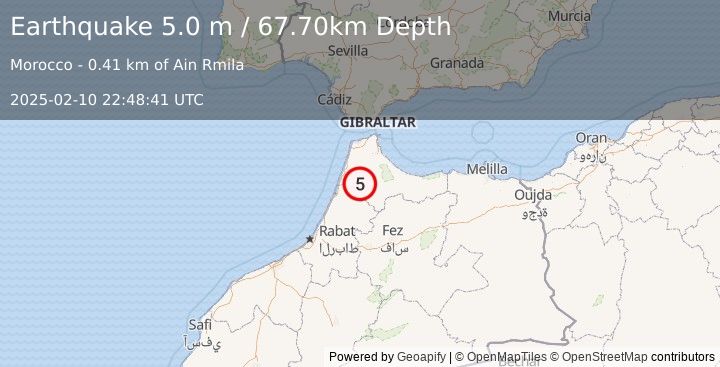 Earthquake STRAIT OF GIBRALTAR (5.0 m) (2025-02-10 22:48:41 UTC)