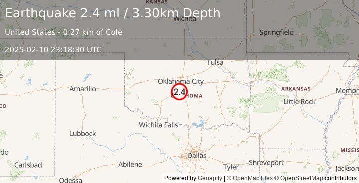 Earthquake OKLAHOMA (2.4 ml) (2025-02-10 23:18:30 UTC)