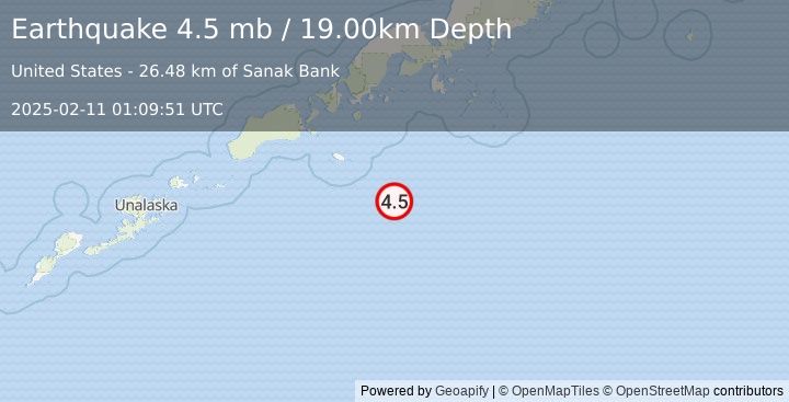 Earthquake SOUTH OF ALASKA (4.5 mb) (2025-02-11 01:09:51 UTC)