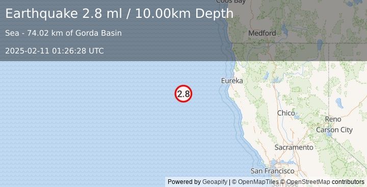 Earthquake OFF COAST OF NORTHERN CALIFORNIA (2.8 ml) (2025-02-11 01:26:28 UTC)