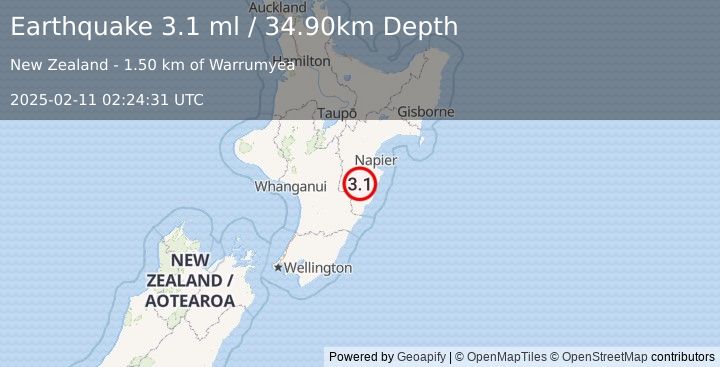 Earthquake NORTH ISLAND OF NEW ZEALAND (3.1 ml) (2025-02-11 02:24:31 UTC)