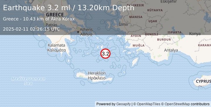 Earthquake DODECANESE ISLANDS, GREECE (3.2 ml) (2025-02-11 02:26:15 UTC)